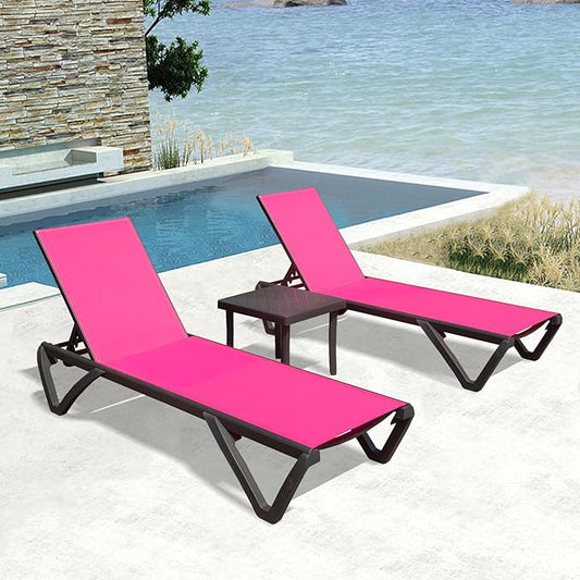 Domi Outdoor Lounge Chair, Aluminum Plastic Patio Chaise Lounge with Side Table & 5 Position Adjustable Backrest & Wheels, All Weather Reclining Chair for Outside Beach Poolside Lawn, Rose Red
