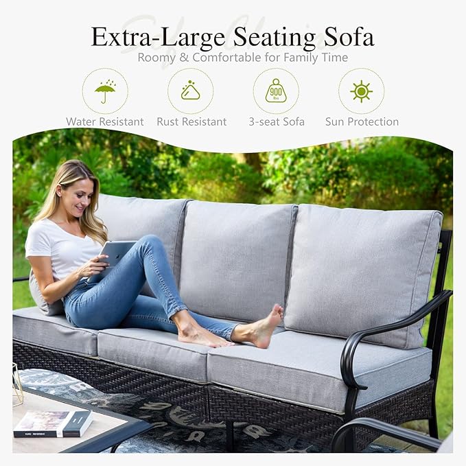 Sophia & William Patio Furniture Set, 5 Piece Metal Outdoor Conversation Set with 3-Seater Outdoor Couch, 2 Swivel Chairs, 1 Loveseat,1 Coffee Table for Outdoor Seating, Backyard, Porch(Grey)