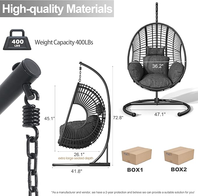 Hanging Egg Chair with Stand - Egg Swing Chair Outdoor Indoor Patio Wicker Chair Swing Hammock Egg Chairs 400lbs Capacity for Outside Patio, Bedroom, Garden and Balcony (Black-Regular, 2P)