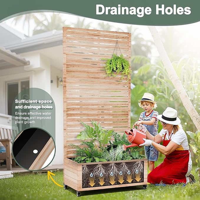 Large Metal Planter Box with Trellis and Wheels for Climbing Plants, Flower Garden Beds with Privacy Screen & Drainage Holes for Patio (35" L, Square White Wood Grain)