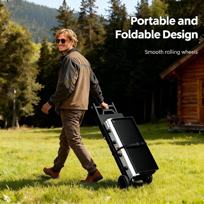 ROVSUN 40000 BTU Foldable Flat Top Gas Grill with Wheels & Enameled Tray, 4 Burner Portable Propane Griddle with Electronic Ignition & Regulator for Outdoor Cooking Camping BBQ Tailgating Picnicking