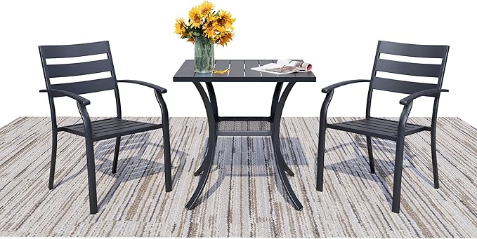 3 Piece Outdoor Dining Set, Patio Dining Set for 2, 27.6" Metal Square Table with 2 Black Metal Outdoor Dining Chairs with Armrest for Lawn, Garden, or Porch