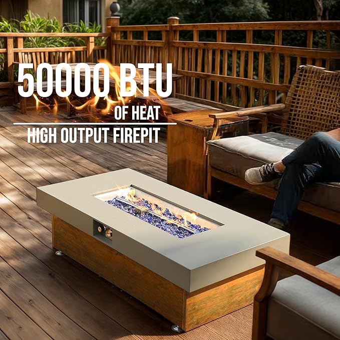 Outdoor Propane Fire Pit – 48" Fire Table with 50,000 BTU, Modern Propane Fire Pit with Adjustable Flame & Matching 20 lb Tank Stand for Patio, Garden, Deck