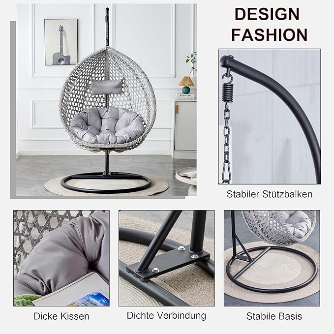 Hanging Egg Chair with Stand, Egg Swing Chair with Stand Indoor Outdoor,Grey Wicker Swing Egg Chair for Adults, Hammock Chair with Comfortable Cushion and Stable Round Metal Base for Bedroom Patio