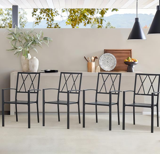 5 Piece Outdoor Dining Set, Patio Dining Set for 4, 42" Black Round Table with 4 Black Metal Outdoor Dining Chairs with Armrest for Lawn, Garden, or Porch