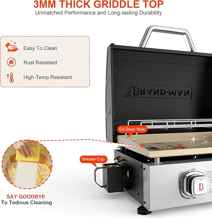 Brand-Man 2 Burner Portable Propane Griddle with Hood, 18,000 BTU Tabletop Flat Top Gas Grill with Warming Rack & Regulator for Outdoor Cooking, Camping BBQ, Tailgating Picnicking