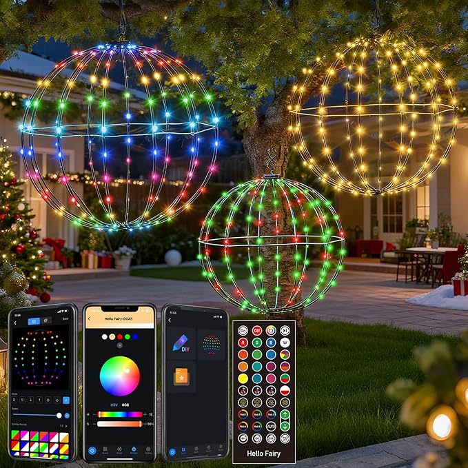 3 Pack 16” Outdoor/Indoor LED Christmas Light Balls, Smart Hanging Tree Decor Sphere Lights, Dimmer Color Changing, App & Remote Control, Timer, Waterproof, Holiday, Patio, Wedding Decor