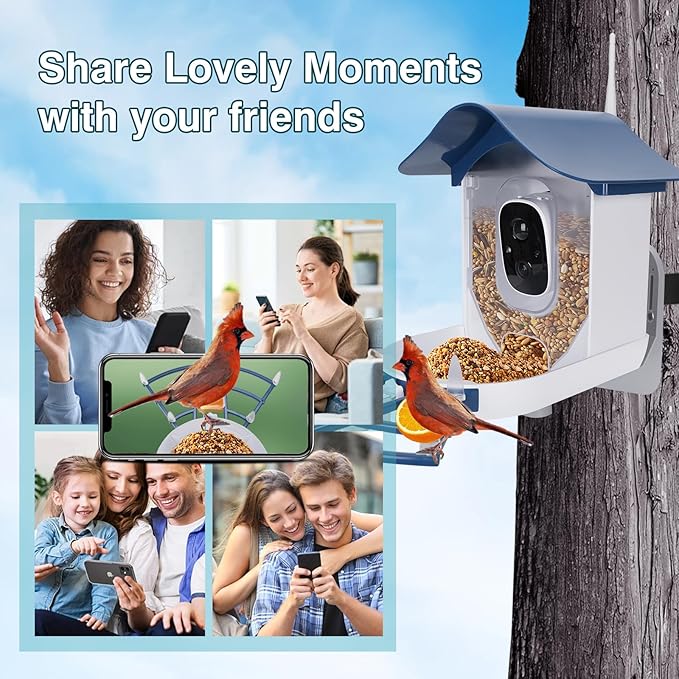 Smart Bird Feeder with Camera,AI Identify Bird Species,Auto Record 2K Video in Backyard Garden,Live View,Solar Powered Charging,Ideal Gifts for Family and Lovers (Dark Blue)