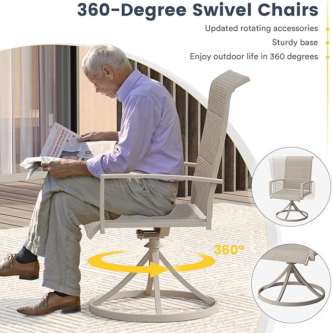 VICLLAX Outdoor Dining Set for 8, Outdoor Furniture Includes 60" Round Patio Table and Swivel Padded Chairs, Sandshell Color Tabletop and Fabric
