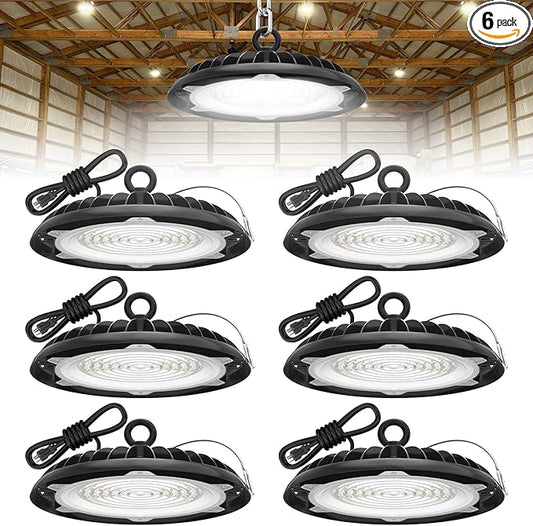 HYPERLITE LED High Bay Lights: 6-Pack 200W UFO Light for Damp Locations - UL-Listed LED Shop Lights for Warehouse Industry Lighting