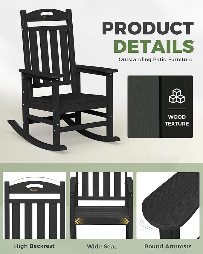 Oversized Outdoor Rocking Chair Set of 4, High Back Porch Rocker Chair, HDPE All Weather Resistant Rocking Chairs for Patio, 384lbs Weight Capacity, Black