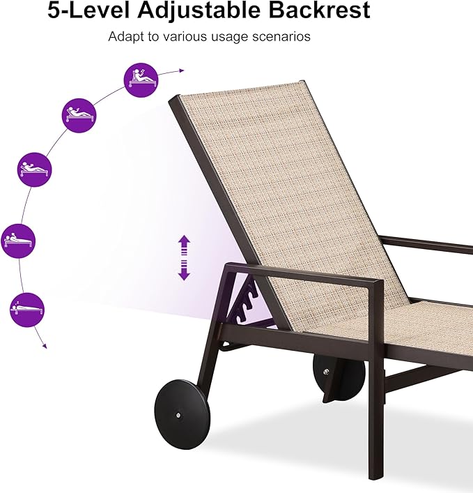 PURPLE LEAF Pool Lounge Chairs Set of 3 Aluminum Outdoor Lounge Chairs with Wheels and Armrests Adjustable Patio for Deck Outside Lawn Garden, Light Tan