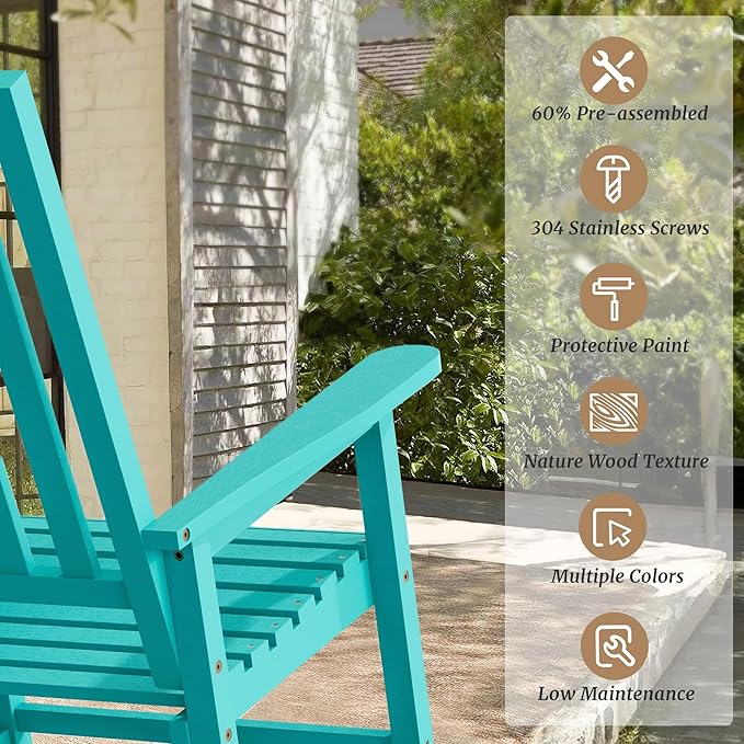 Outdoor Rocking Chairs Set of 2, Rocking Chair Outdoor All Weather Wooden Rockers, Heavy Duty 350lbs, High Back Wide Seat Patio Chairs for Porch, Backyard, Garden, Aqua Sky