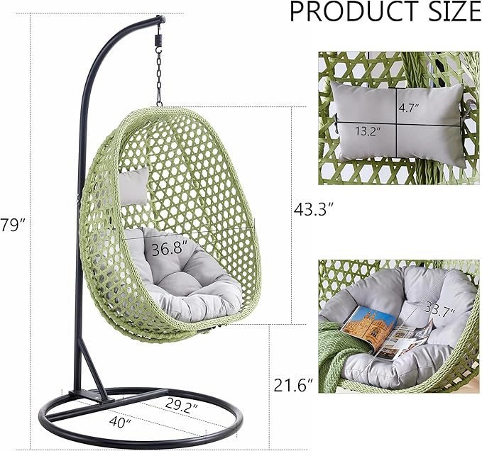 Hanging Egg Chair with Stand, Egg Swing Chair with Stand Indoor Outdoor,Green Wicker Swing Egg Chair for Adults, Hammock Chair with Comfortable Cushion and Stable Round Metal Base for Bedroom Patio