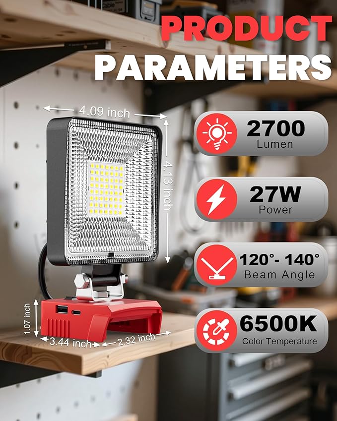 LIVOWALNY 27W LED Work Light Compatible with Milwaukee Battery, Portable 2700LM Flood Flashlight Tools 140° Adjustable Head with USB & Type C Output Port for Camping, Hiking, Construction, Emergency