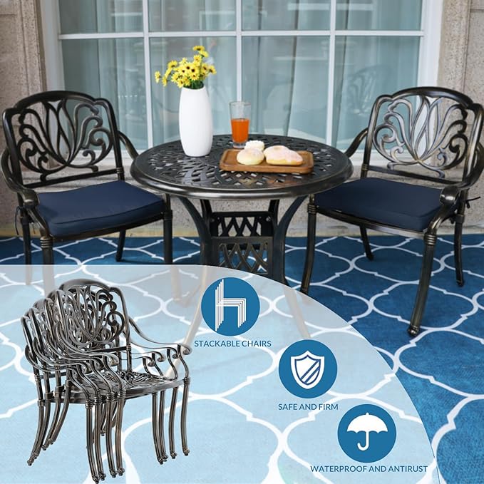 MEETWARM 3 Piece Patio Bistro Set, Outdoor All-Weather Cast Aluminum Dining Furniture Set Includes 2 Cushioned Chairs and a 31” Round Table with Umbrella Hole for Garden Deck, Navy Blue