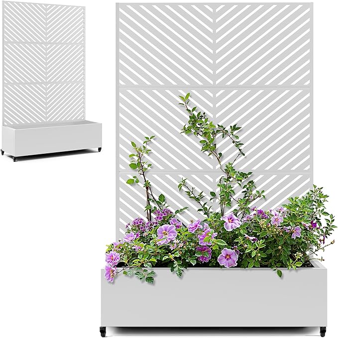 Large Metal Raised Garden Beds with Privacy Screen, Standing Planter Box with Trellis & Wheels for Outdoor Climbing Plants, Garden Boxes with Drainage Holes for Patio (47"L, White Parallel)