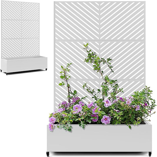 Large Metal Raised Garden Beds with Privacy Screen, Standing Planter Box with Trellis & Wheels for Outdoor Climbing Plants, Garden Boxes with Drainage Holes for Patio (47"L, White Parallel)