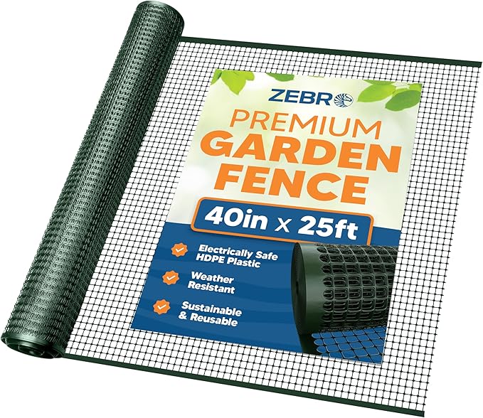 3/4" Square Mesh Plastic Fence Roll (40" x 25' - Green) - Unobtrusive 40 Inch High Temporary Garden Fencing Netting to Protect Plants, Patio, Porch, Yards and Outdoor Spaces from Deer & Animals