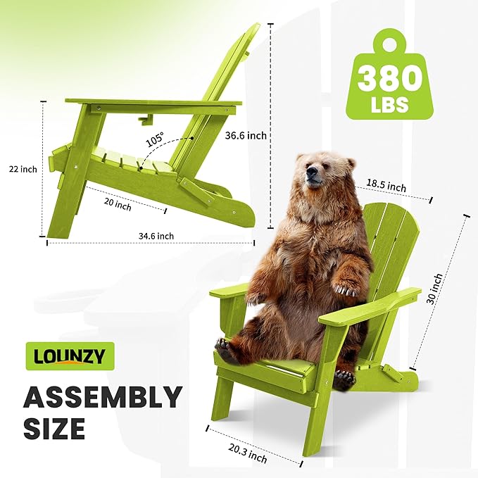 LOUNZY Folding Adirondack Chair Set of 2, Lime