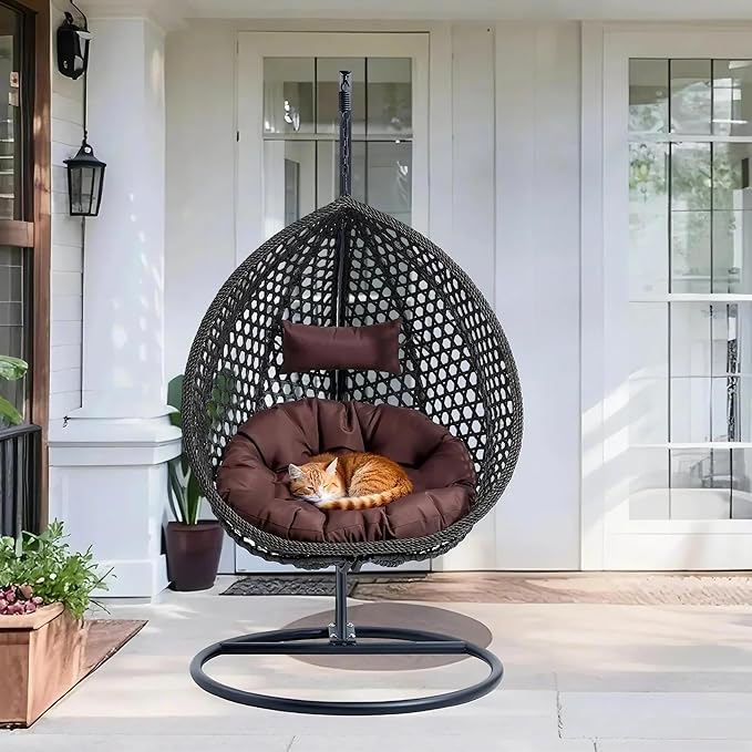 Egg Swing Chair Outdoor with Stand, Indoor Swing for Adults, Hanging Egg Rattan Basket Chair with Cushion and Pillow, Foldable Basket and Metal Stand for Porch, Patio, Bedroom, Balcony,Yard (Black)