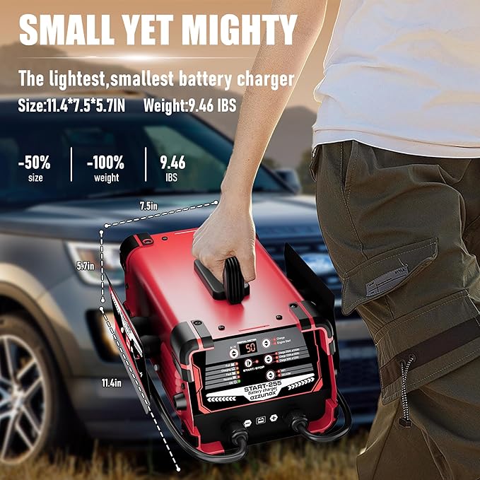 12V 24V Car Battery Charger & Engine Starter, 0-50A Automatic Battery Maintainer, 250 Cranking Amps, Jump Starter & Smart Trickle Charger