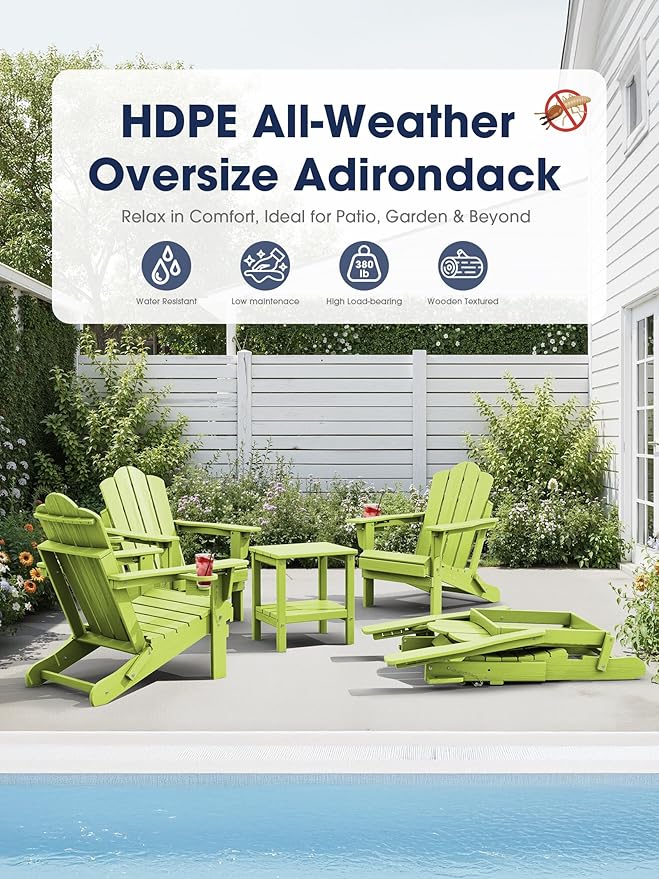 KINGYES Adjustable Folding Adirondack Chair, 3-Position Reclining Adirondack Chairs with Cup Holder, HDPE All-Weather Oversized Adirondack for Outdoor, Patio, Backyard Deck, Fire Pit, Apple Green