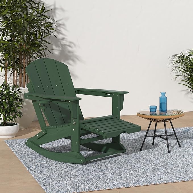 KINGYES Adirondack Rocking Chair Set of 2 with Retractable Ottoman and Cup Holders, HDPE Adirondack Rocker Patio Rocking Chair for Porch, Patio, Balcony, Green