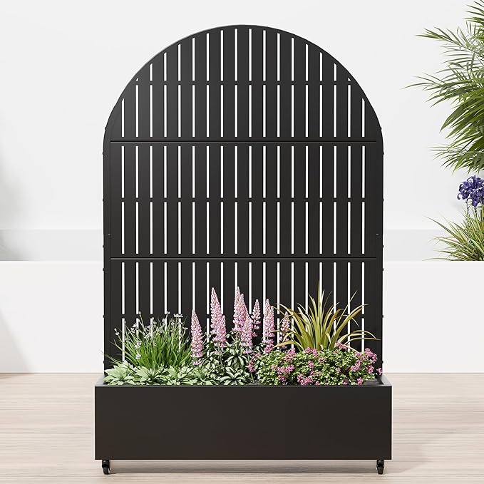 Casaphoria Raised Garden Bed Metal Planter Box with Trellis, 72"x47"x16" for Outdoor Climbing Plants, Flowers Vegetables and Vines Privacy Screen with Wheels and Drainage Holes(Black Vertical)