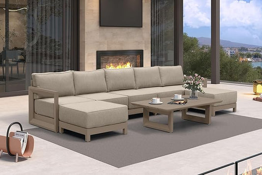 PURPLE LEAF Patio Furniture Set U-Shaped Outdoor Couch with 9.6" Thick Cushion and Soft Pillows 8 Piece Outdoor Sectional Sofas with Table Modern Outdoor Conversation Sets for Yard Porch Deck, Khaki
