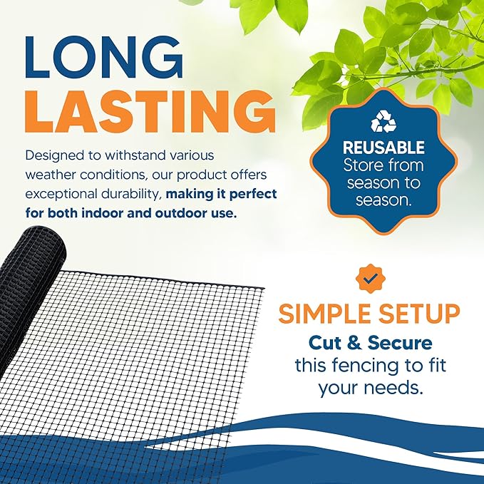 3/4" Square Mesh Plastic Fence Roll (4' x 100' - Black) - Unobtrusive 4 Foot High Temporary Garden Fencing Netting to Protect Plants, Patio, Porch, Yards and Outdoor Spaces from Deer & Animals