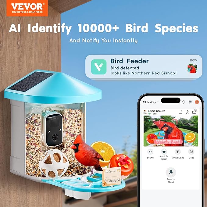 VEVOR Smart Bird Feeder with Camera, Solar Powered Wireless Camera Bird Feeder with 2 Solar Panels, Live Video, AI Identify, Auto Detect & Instant Notify, and 2K Full HD, Ideal Gift for Bird Lover