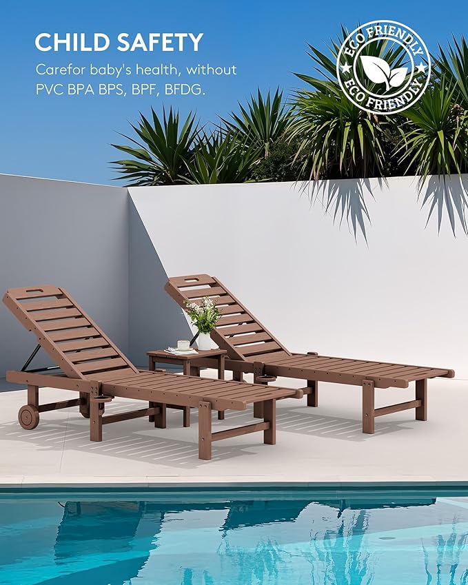 SERWALL Patio Chaise Lounge, HDPE Outdoor Lounge Chair with Cup Holder, 5 Positions Adjustable Poly Lounge Chair with Rolling Wheels for Poolside, Deck, Sunbathing, Brown