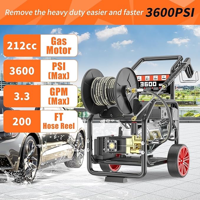 3600 PSI Gas Powered Commercial High Pressure Washer with 212cc 4HP Engine 3.3GPM Electric Start, Includes Hose Reel 50 FT 3/8 inch Hose 5 Quick Connect Nozzles Spray Gun and Wand