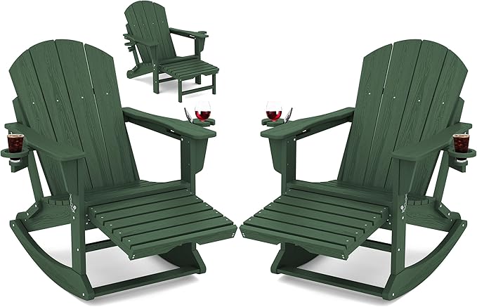 KINGYES Adirondack Rocking Chair Set of 2 with Retractable Ottoman and Cup Holders, HDPE Adirondack Rocker Patio Rocking Chair for Porch, Patio, Balcony, Green