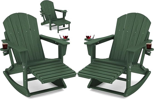 KINGYES Adirondack Rocking Chair Set of 2 with Retractable Ottoman and Cup Holders, HDPE Adirondack Rocker Patio Rocking Chair for Porch, Patio, Balcony, Green