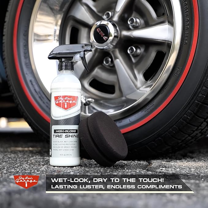 Jay Leno's Garage Tire Shine Delivers long-lasting High Gloss with a Deep Black Wet Look Glow. This Tire Dressing Spray and Car Tire Shine Work as Auto Detailing Care for Wheels and Tires – 16 oz.
