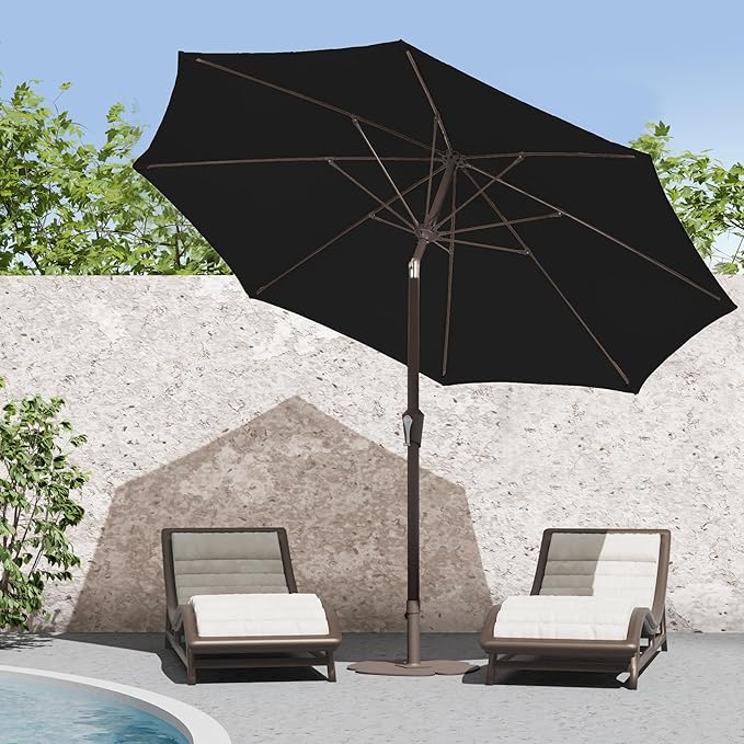 PatioKingdom 9FT Patio Outdoor Umbrella-UPF 50+ Sun Shade with Wind Vent, Push-Button Tilt & Smooth Crank Lift, Rust-Resistant Fiberglass Frame for Garden, Backyard,Yard (Black, 9FT)
