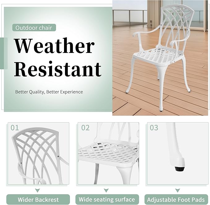 3 Piece Patio Bistro Set, Outdoor Cast Aluminum Bistro Table and Chairs Set of 2 with Umbrella Hole, All Weather Resistance Metal Bistro Table for Front Porch Set,White