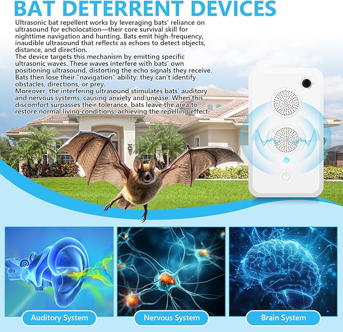 2025 Ultrasonic Bat Repellent - Keep Bats Away from Attic, Metessi Porch & House | Rechargeable Bat Deterrent for Indoor & Outdoor Use | Safe for Humans and Pets