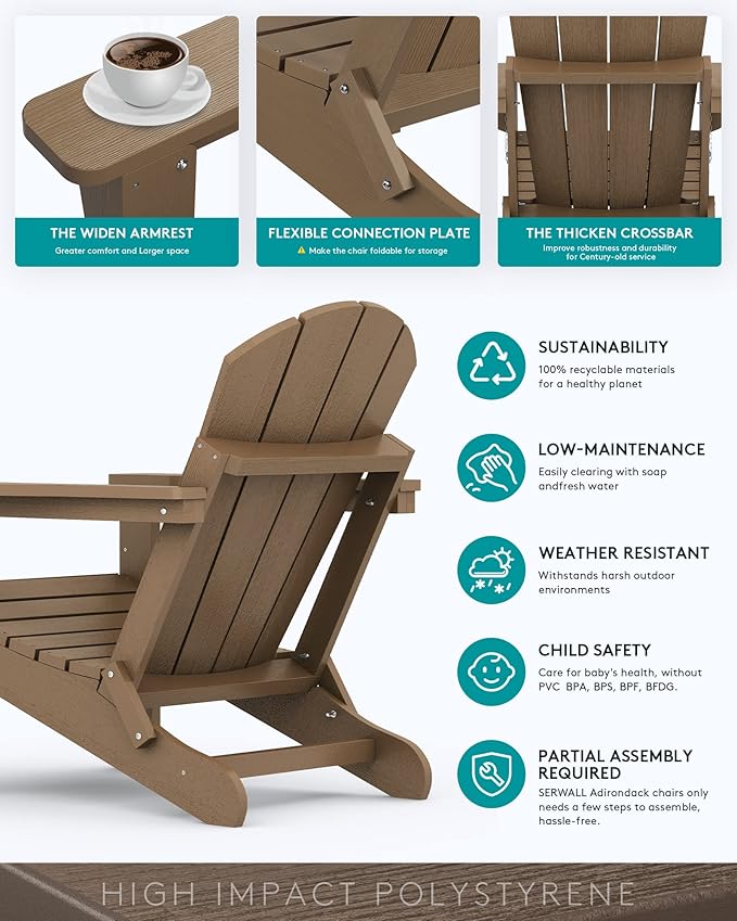 SERWALL Folding Adirondack Chair Set of 4 Outdoor Chairs Painted Adirondack Chair Weather Resistant for Patio Deck Garden, Backyard Deck, Fire Pit- Brown