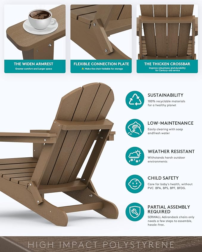 SERWALL Adirondack Chair Set of 8 for Patio Garden Outdoors Fire Pit- Brown