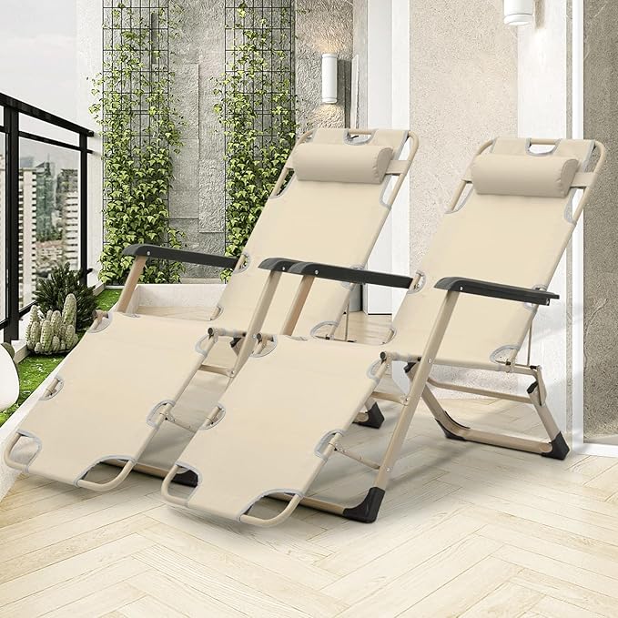 MoNiBloom Folding Reclining Patio Chair Set of 2, 3-Position Patio Lounger Folding Chairs with Adjustable Backrest and Headrest for Backyard Poolside Lawn, 330lbs Capacity