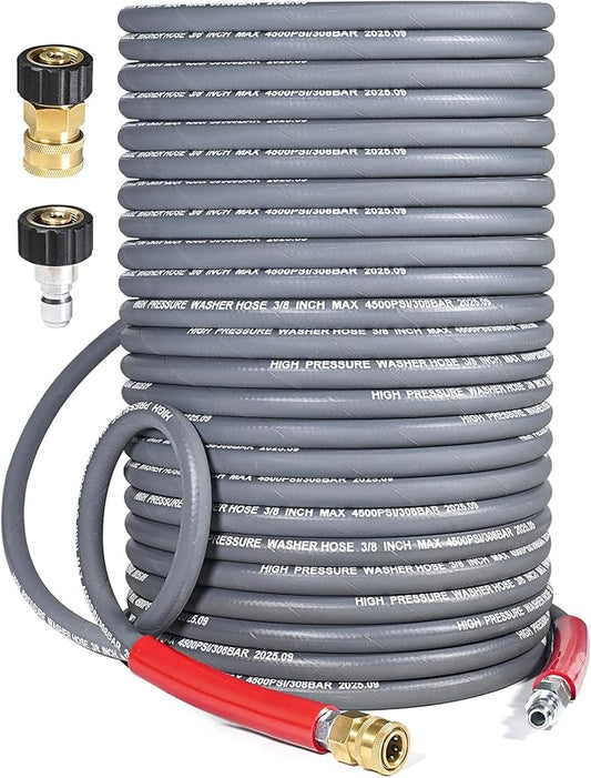 3/8″ Pressure Washer Hose 150 FT — 4500 PSI Steel-Braided Non-Marking Rubber | For Hot & Cold Water, Quick-Connect With M22 Fittings, Industrial-Grade Replacement for Gas Pressure Washers