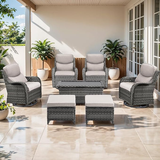 Outdoor Swivel Rocker Patio Chairs Set of 4 with Ottoman Coffee Table - 5" Thick Cushion 7 Piece Furniture Set All Weather Comfortable Wicker Conversation Set for Porch Deck - Gray/Beige