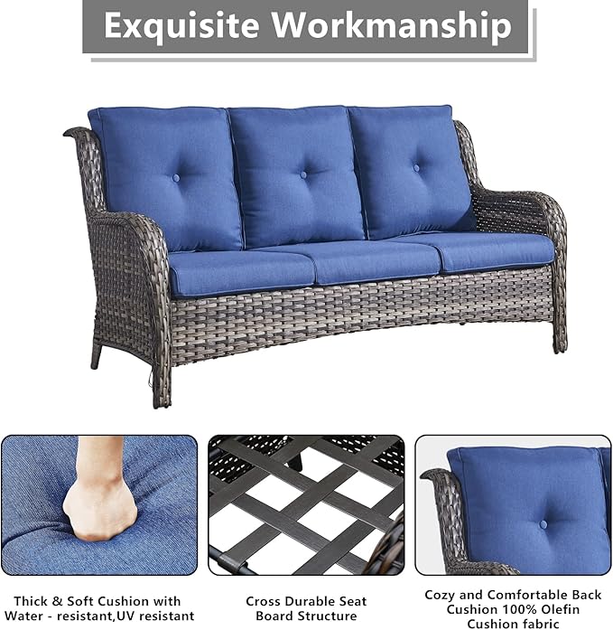 Rilyson Wicker Patio Furniture Sofa Set - 7 Piece Rattan Outdoor Patio Sectional Conversation Sets with 2 Sofa,2 Armrest Chairs,1 Coffee Table and 2 Ottomans for Porch Deck Garden(Mixed Grey/Blue)