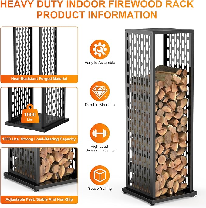 Firewood Rack, Wood Stacker Firewood Outdoor, Black Metal, 44.1 Inches, 1000 lbs Capacity, Indoor Decorative Wood Holder for Woodshed, Storeroom, Basement (Ellipticalhole)