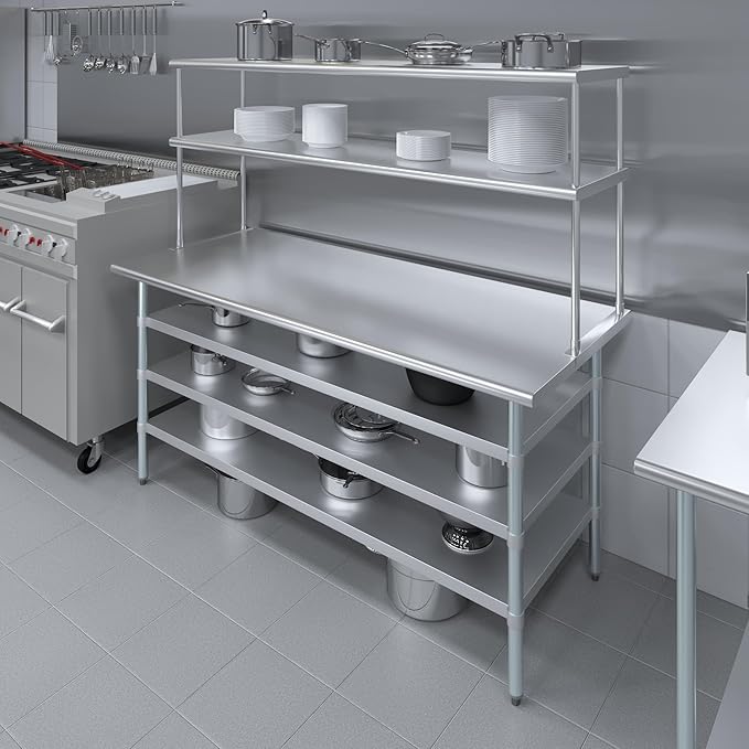 Amgood 30" x 72" Stainless Steel Work Table with 3 Shelves and 18" Wide Double Tier Overshelf | Metal Kitchen Prep Table & Shelving Combo | NSF