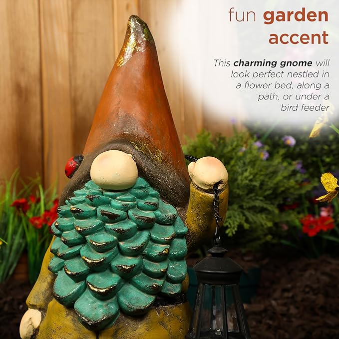 Alpine Corporation MCC856SLR Solar Vintage Gnome Holding Lamp w/Orange Hat, Whimsical Décor for Patio, Lawn & Garden, 20" H