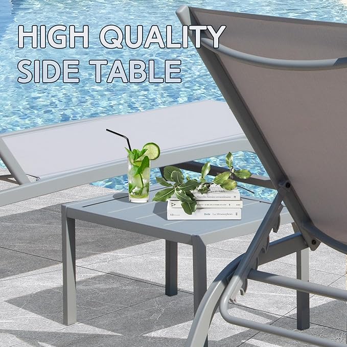 Domi Pool Lounge Chairs Set of 3, Adjustable Aluminum Outdoor Chaise Lounge with Wheels Patio Lounge Chairs with Side Table, All Weather for Deck Lawn Poolside Backyard-Gray Textilene